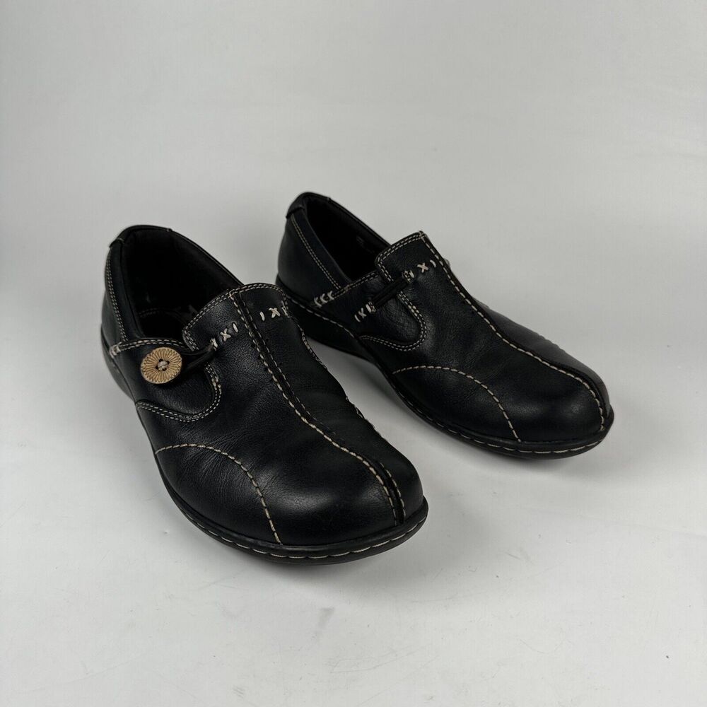 Clarks Shoes Womens 7.5 M Un Loop Loafers Black Leather Slip On Casual 35062